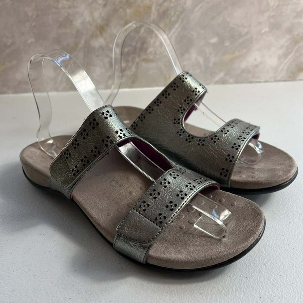 Vionic Nakia Sandals Slides Womens Size 7 Metallic Gray Hook and Loop Podiatrist